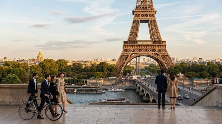 People enjoying the scenic view of the Eiffel Tower and the Seine River from the Trocadéro in Paris.