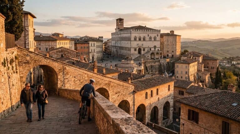 People walk along the historic Via dell'Acquedotto in Perugia with a view of Piazza IV Novembre at sunset.