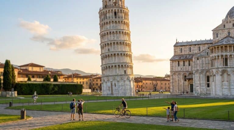 Tourists admire the famous Leaning Tower on the Piazza dei Miracoli in Pisa during a beautiful golden sunset.