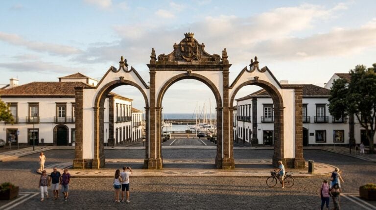The historic Portas da Cidade city gates in Ponta Delgada on a cobblestone square at sunset.