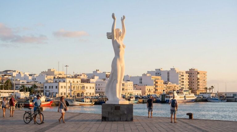 The white Monumento a la Unidad statue stands on the pier in the harbor of Puerto del Rosario at sunset.