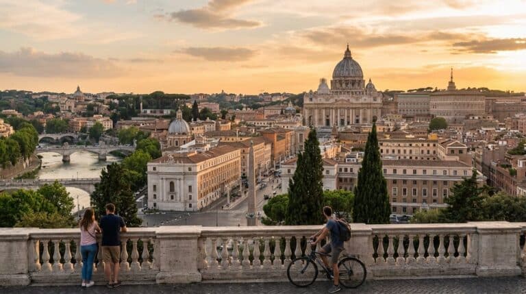Tourists stand on a terrace overlooking the city of Rome and St. Peter's Basilica at sunset.