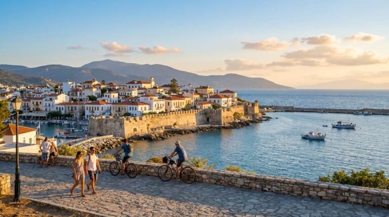 A scenic view of the fortified harbor of Pythagoreio in Samos, Greece, during a sunny evening.