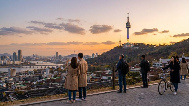 Tourists on a hill enjoy the scenic sunset view over the cityscape of Seoul and the N Seoul Tower.