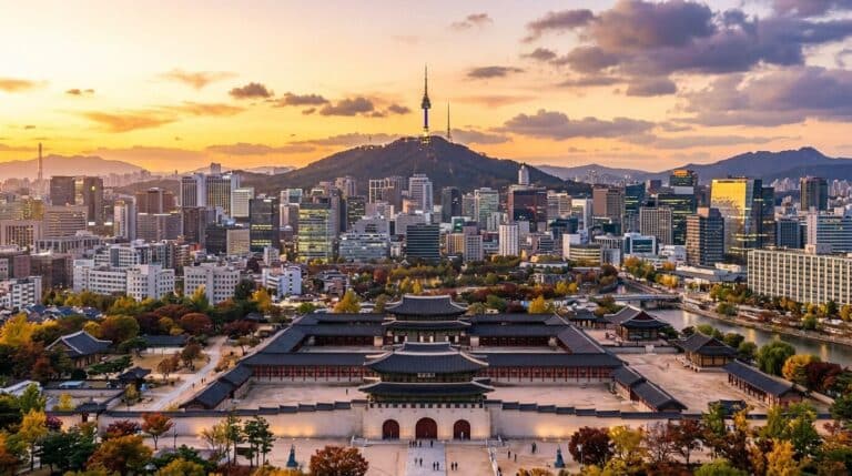An aerial view of Gyeongbokgung Palace in Seoul, South Korea, with the modern city skyline and N Seoul Tower at sunset.