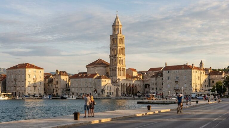 The waterfront promenade in Split with Diocletian's Palace and the Saint Domnius Cathedral bell tower at sunset.