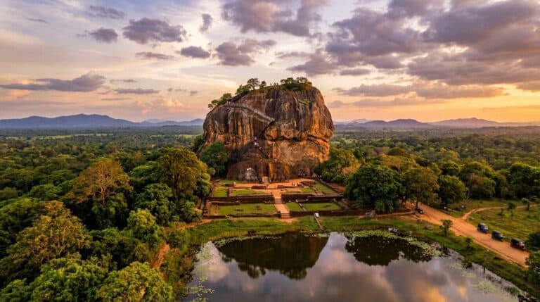 Aerial view of the ancient Sigiriya rock fortress in Sri Lanka, surrounded by lush jungle at sunset.