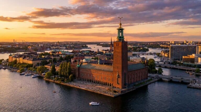 An aerial view of Stockholm City Hall in Sweden, set against a beautiful sunset over the city and waterways.
