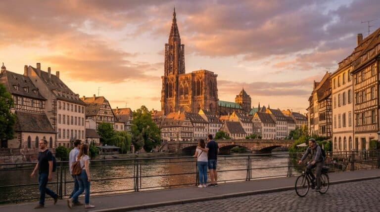 The Strasbourg Cathedral towers over the Ill river and historic half-timbered houses at sunset, with people walking by.