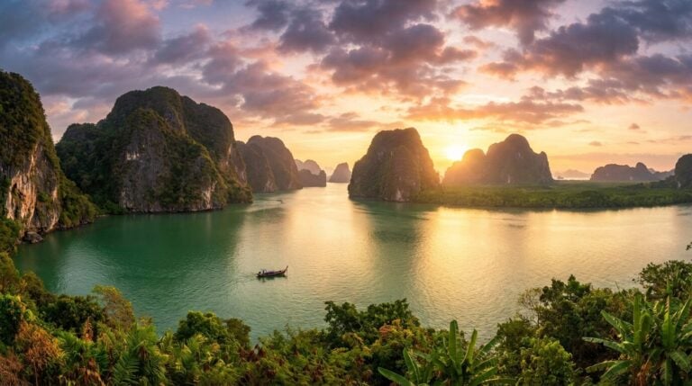 A stunning sunrise over the limestone karsts and emerald green waters of Phang Nga Bay in Thailand.