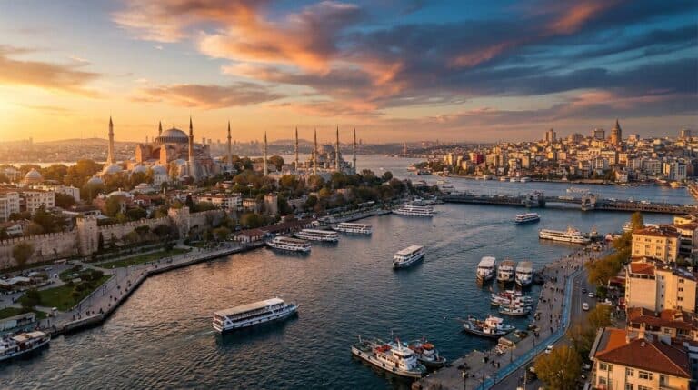 An aerial view of Istanbul, Turkey, at sunset, showing the Hagia Sophia and Blue Mosque overlooking the Golden Horn.