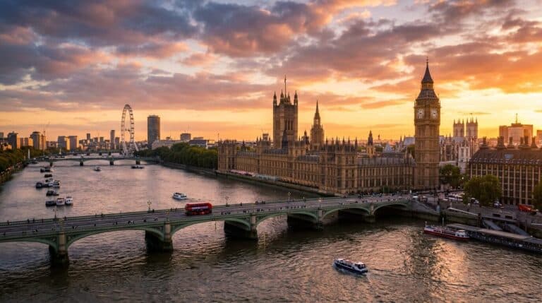 An aerial view of the Houses of Parliament and Westminster Bridge over the River Thames at sunset in London, United Kingdom.