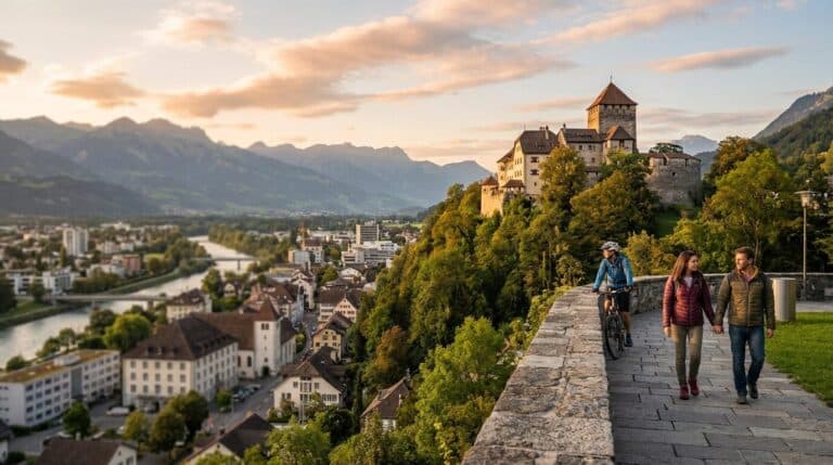 A couple and a cyclist enjoy the scenic view of Vaduz and Vaduz Castle from a hilltop path.