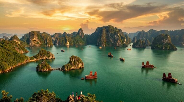 An elevated view of Ha Long Bay in Vietnam at sunset, showing limestone karsts and traditional junk boats.