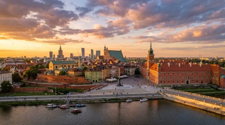 An aerial view of Warsaw's Old Town, the Royal Castle, and the Vistula River at sunset in Poland.
