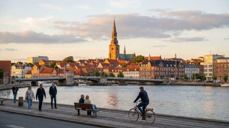 The Aalborg city skyline featuring Budolfi Church, viewed from across the Limfjord at sunset with people strolling.