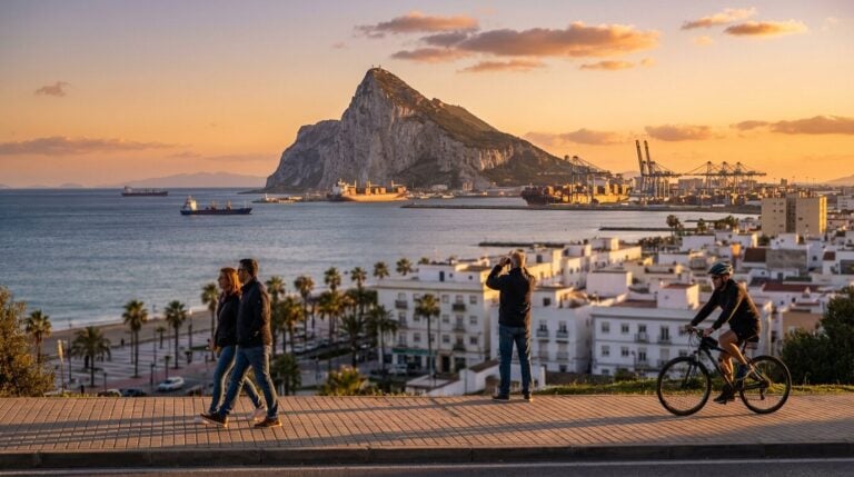 People on a promenade in Algeciras look out at the Rock of Gibraltar across the bay at sunset.