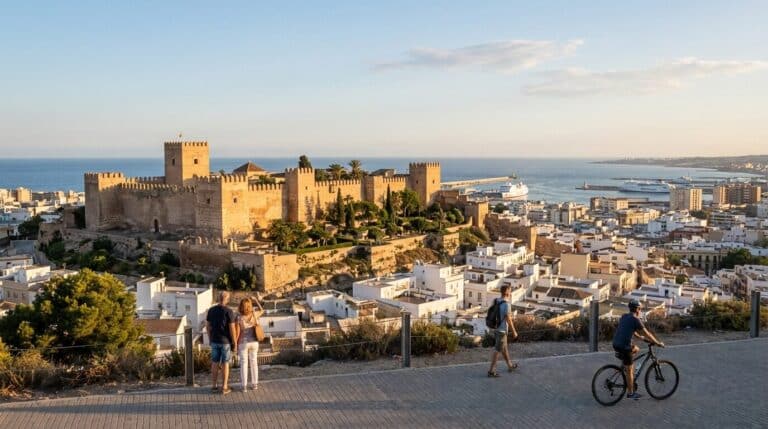A scenic view of the Alcazaba of Almeria overlooking the city and the sea at sunset.