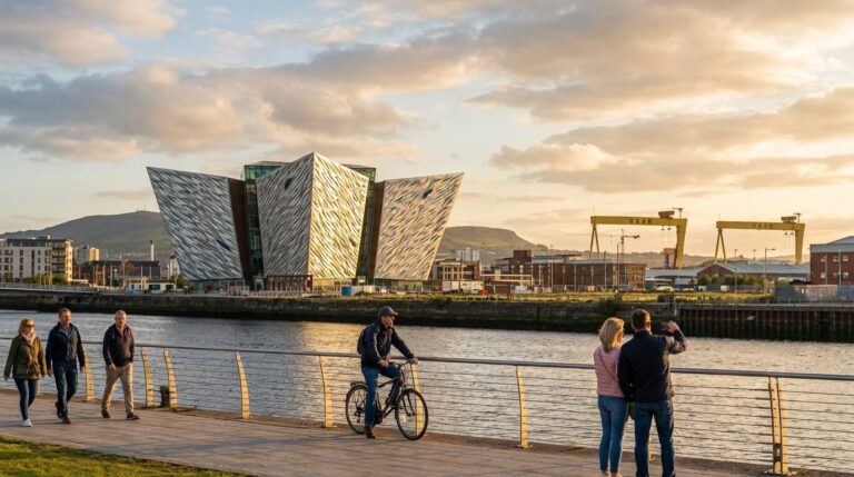 People walking and cycling along the River Lagan waterfront with the Titanic Belfast museum in the background.