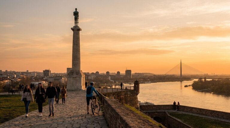 The Pobednik monument at Kalemegdan Fortress in Belgrade, with people walking by at sunset over the river.