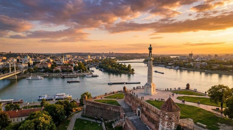 View of the Pobednik monument in Belgrade's Kalemegdan Fortress overlooking the Sava and Danube rivers at sunset, Serbia.