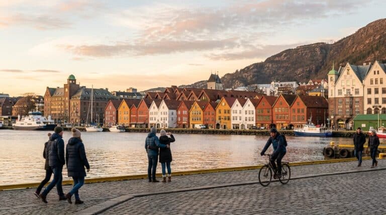 People on a cobblestone quay viewing the colorful historic Bryggen wharf across the harbor in Bergen at sunset.
