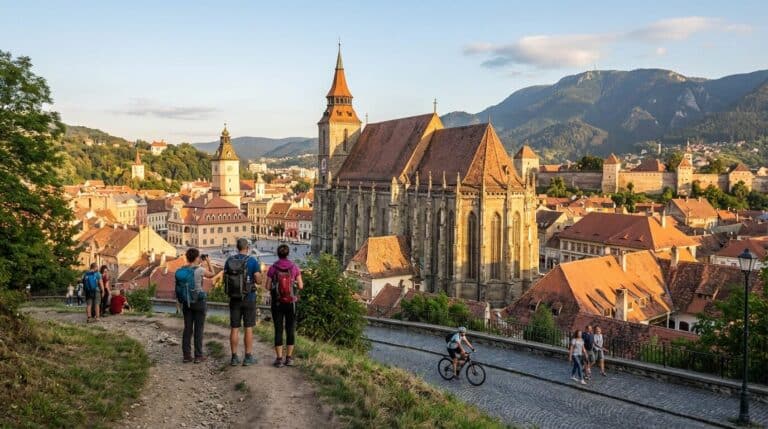 Hikers on a hill overlooking the historic Old Town of Brasov, with the Black Church below.