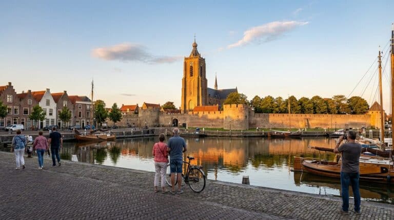Tourists enjoying the evening view of the Grote Kerk and harbor in the historic fortified city of Brielle.