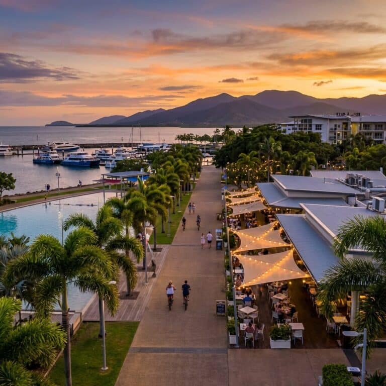 An elevated view of the Cairns Esplanade at sunset, with people walking and cycling along the waterfront promenade.