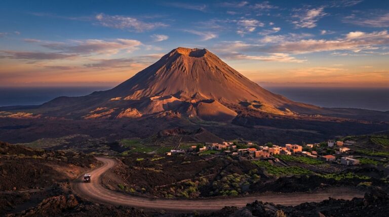 The Pico do Fogo volcano in Cape Verde looms over a small village and volcanic landscape at sunset.