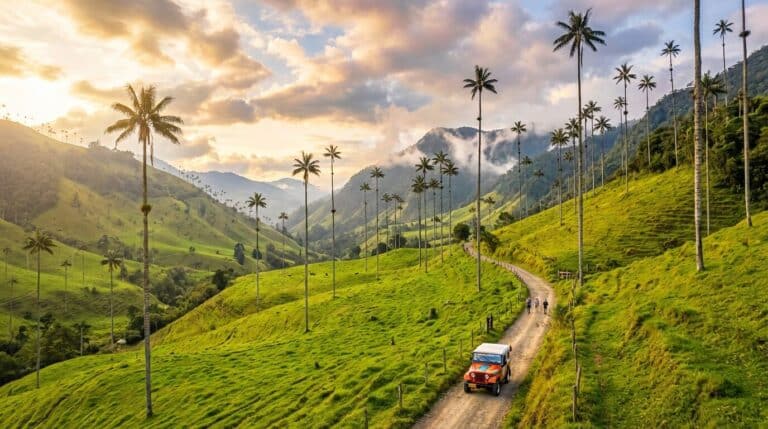 An orange jeep on a dirt road in Colombia's Cocora Valley, with tall wax palm trees on rolling green hills.