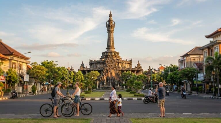 Tourists and locals on a street in front of the Bajra Sandhi Monument in Denpasar, Bali.