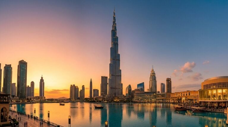 The Dubai skyline in the United Arab Emirates, with the Burj Khalifa tower at the center during a vibrant sunset.