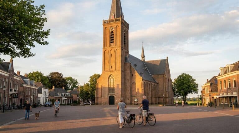 The historic Oude Kerk on the market square in Ede during a warm, sunny evening with people nearby.