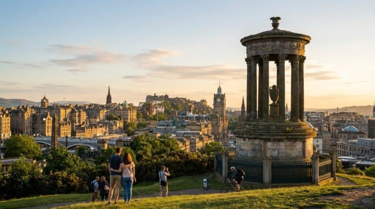People on Calton Hill enjoying the panoramic sunset view of the Edinburgh skyline, including the castle.