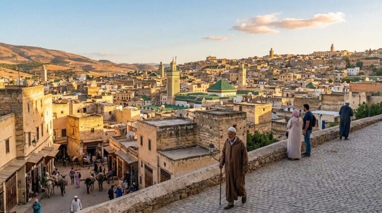A panoramic view of the old medina in Fez, Morocco, with people walking on a cobblestone street.