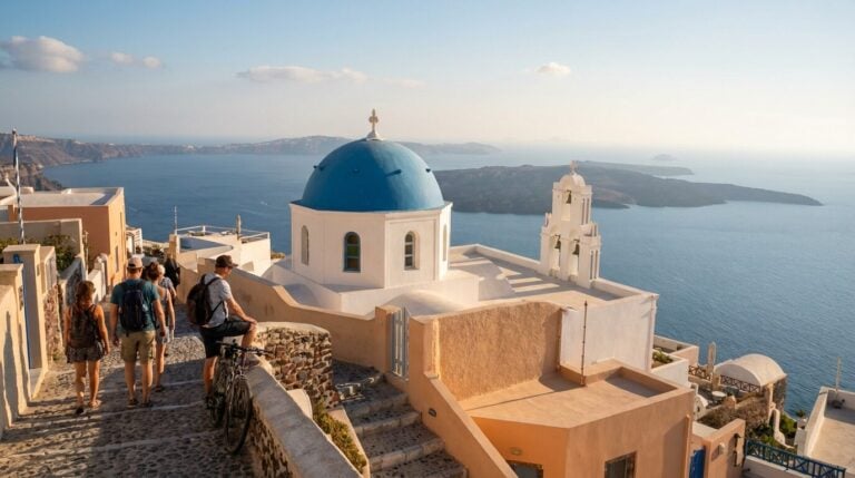 A group of tourists walks down a cobblestone path in Fira past a blue-domed church overlooking the caldera.