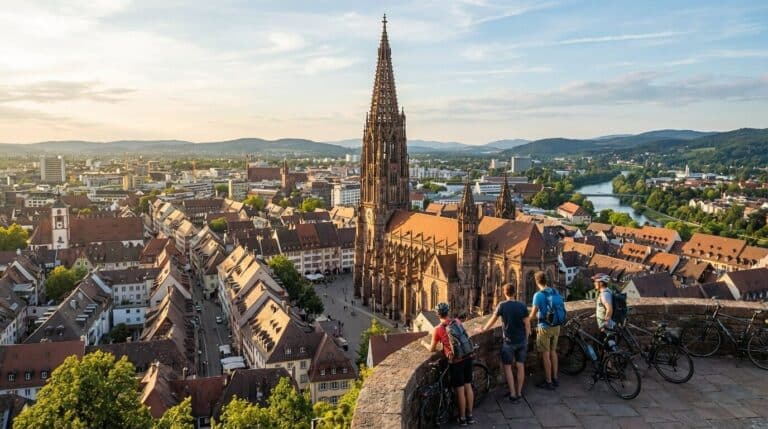 Four cyclists on a stone terrace enjoy the scenic view of the Freiburg Minster and the city below.