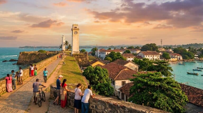 Tourists and locals walk along the historic stone ramparts of Galle Fort at sunset, with the ocean on one side.