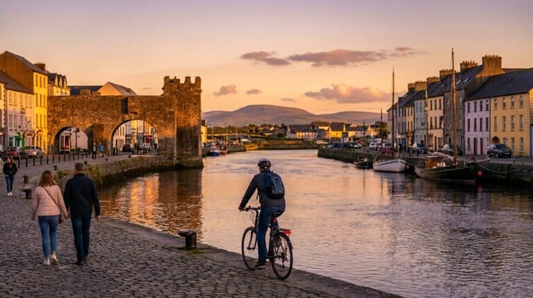 A couple and a cyclist on the cobblestone quay beside the Spanish Arch in Galway at sunset.