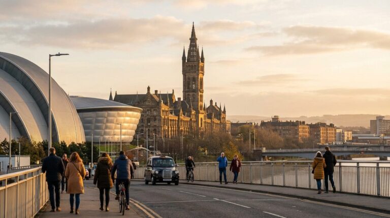 People walk across a bridge in Glasgow with the University of Glasgow and the OVO Hydro arena visible at sunset.