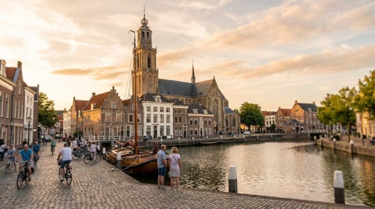 A scenic view of the Goes harbor at sunset, with the Grote Kerk and traditional Dutch houses.
