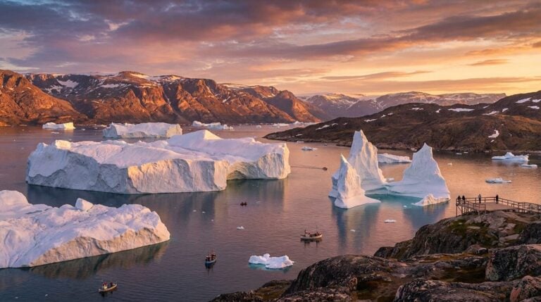 Massive icebergs float in a coastal fjord in Greenland under a colorful sunset sky, with mountains in the background.