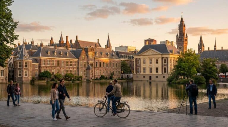 People strolling and cycling along the Hofvijver pond with the historic Binnenhof complex in The Hague at sunset.