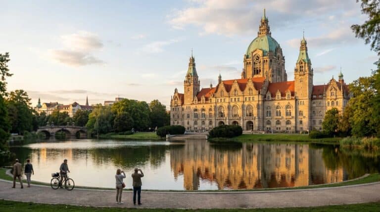 People enjoy the view of Hannover's New Town Hall across the Maschteich lake at sunset.