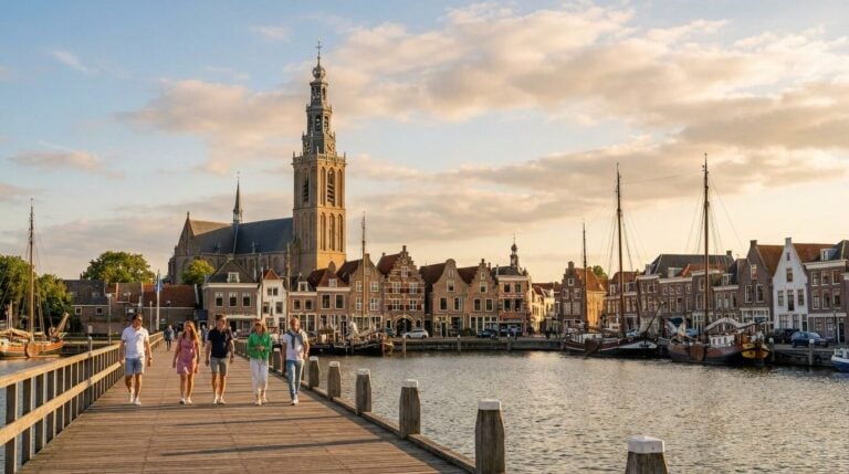 People walking on a wooden pier overlooking the historic harbor and the Grote Kerk church tower in Hoorn.