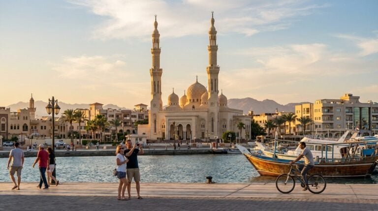 Tourists on the promenade at Hurghada Marina with the El Mina Mosque visible across the water at sunset.