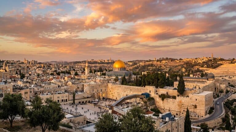 A scenic sunset view over the Old City of Jerusalem in Israel, featuring the Dome of the Rock.