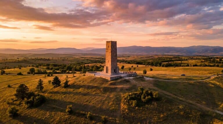 The historic Gazimestan monument tower on a hilltop in Kosovo, viewed from the air at sunset.
