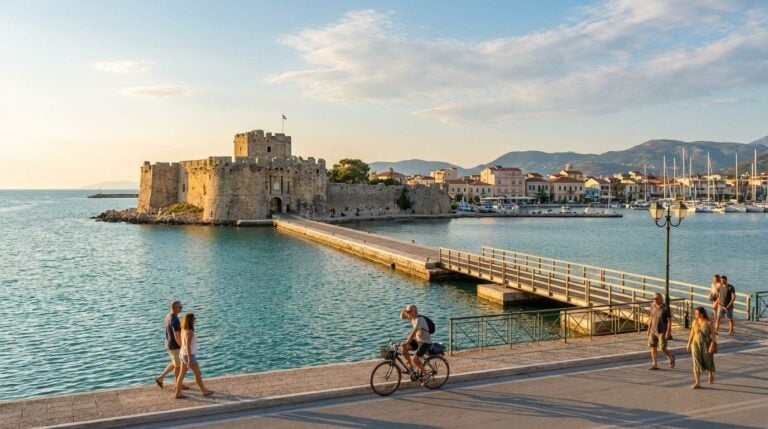 The stone Castle of Agia Mavra in Lefkas is connected by a causeway to the town's bustling harbor.
